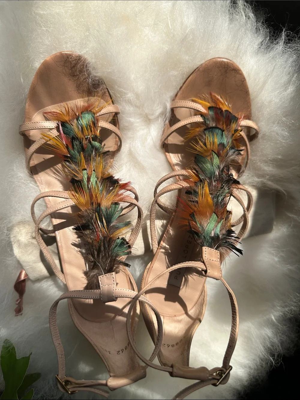 Pura Lopez Nude Strappy Sandals with Multicolor Eye-catching Feather Trim
